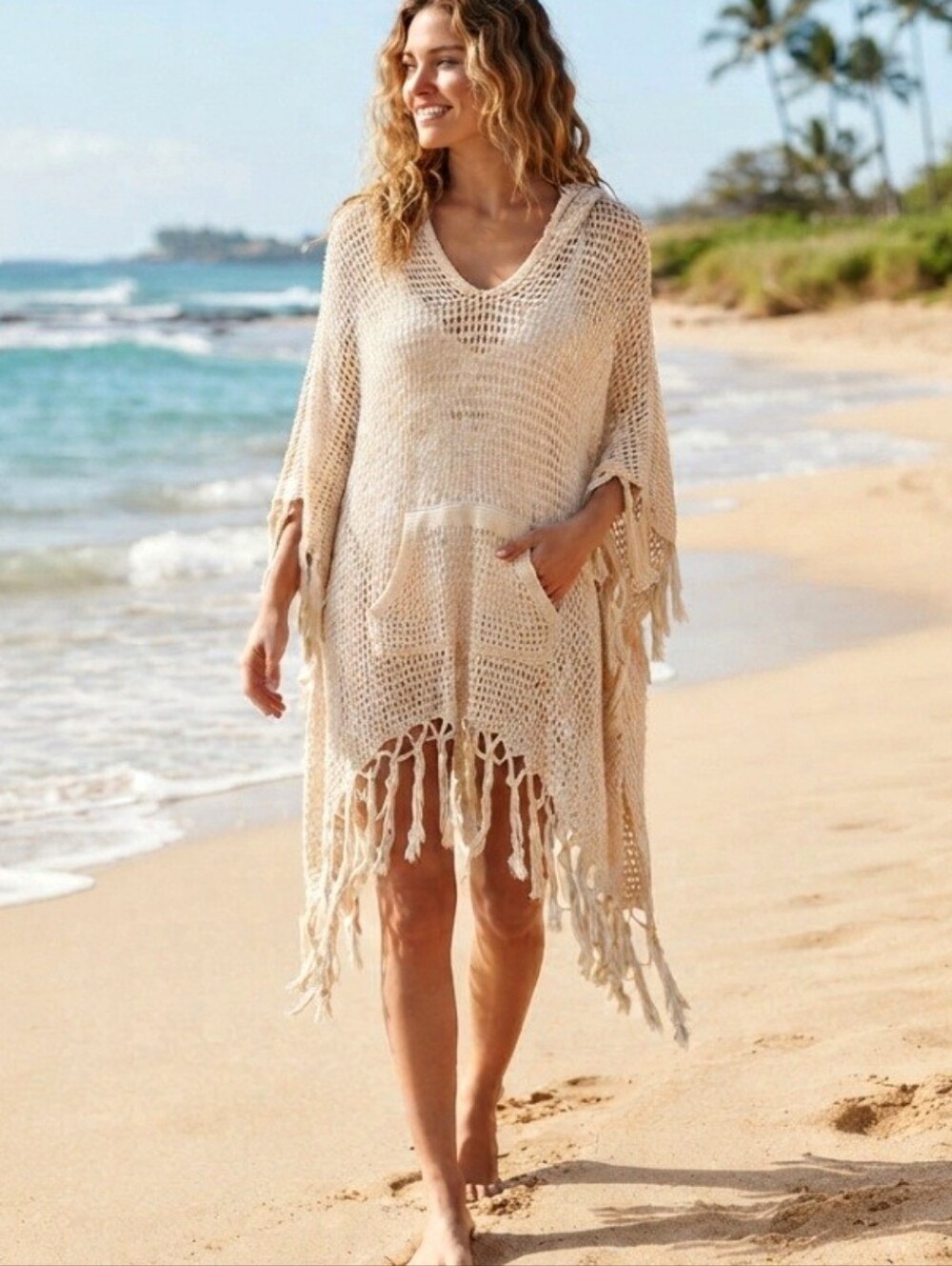 Free People Summer House Crochet Hooded Poncho One Size